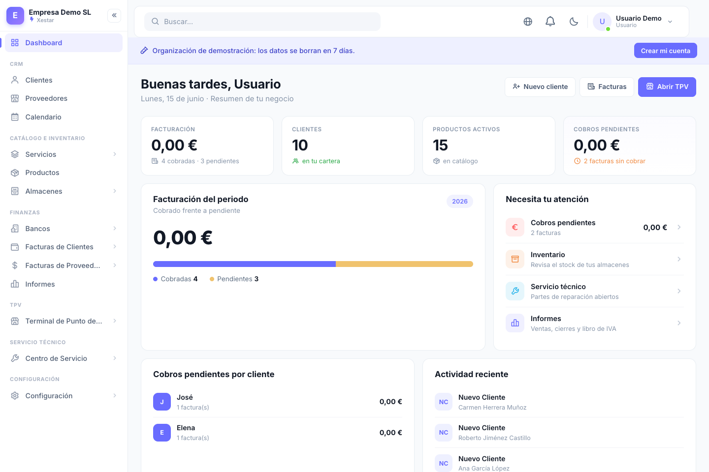 Panel principal de Xestido con KPIs, facturación del periodo y avisos del negocio